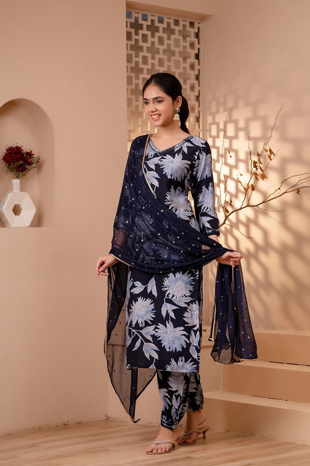 Indigo Blue Muslin Silk Floral Kurti with Afghani pant and dupatta