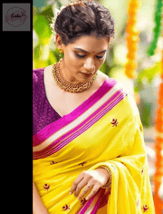 Yellow Handloom Resham Blended Silk Cotton Khun Saree - Parrot Embroidery -  by EeshaBoutique - gshop