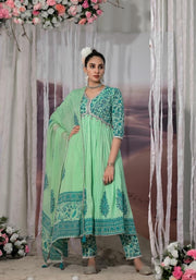 Light Green Cotton Mummul Anarkali Suit - Set of 3