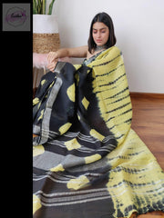 Shibori Linen Black and Yelllow Saree -  by EeshaBoutique - gshop