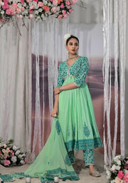 Light Green Cotton Mummul Anarkali Suit - Set of 3