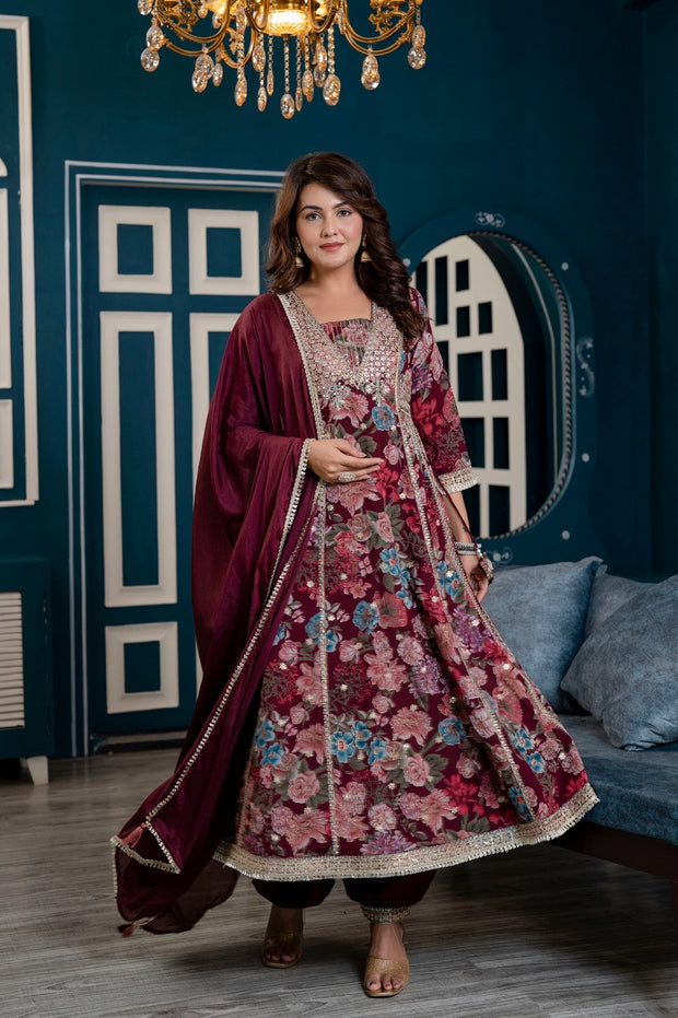 Wine Color Maslin Silk Heavy Anarkali Suit - Set of 3