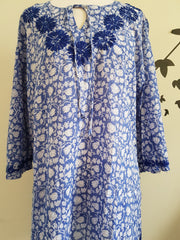 Blus Lotus Bell Sleeves Hand Block Print Tunic with Hand Embroidery