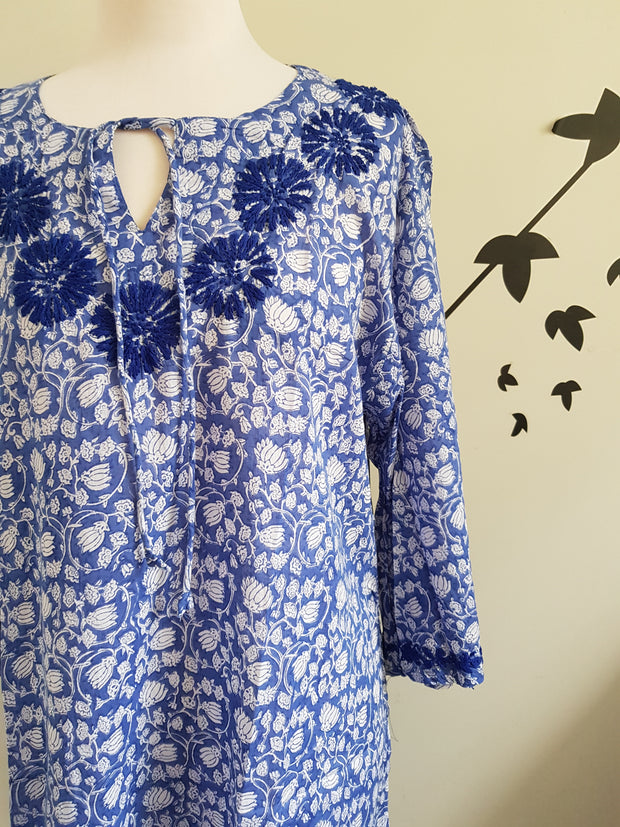 Blus Lotus Bell Sleeves Hand Block Print Tunic with Hand Embroidery