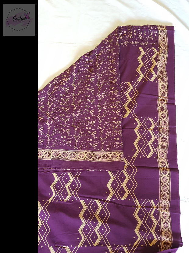 Purple Pure Cotton Ajrakh Hand Block Print Saree
