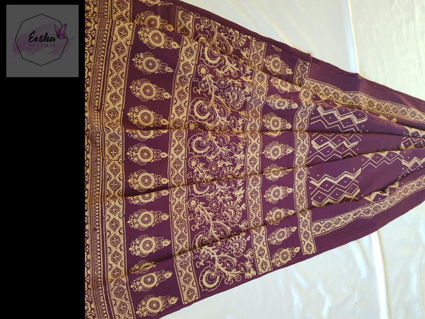 Purple Pure Cotton Ajrakh Hand Block Print Saree