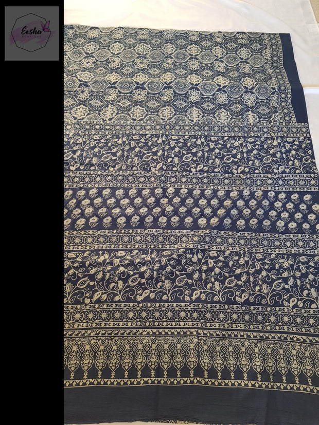 Indigo Pure Cotton Ajrakh Hand Block Print Saree -  by EeshaBoutique - gshop