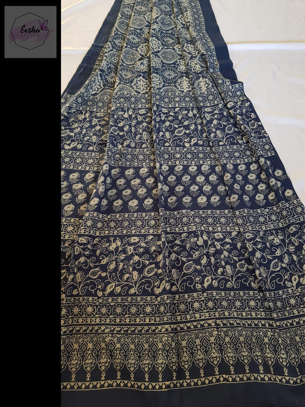 Indigo Pure Cotton Ajrakh Hand Block Print Saree -  by EeshaBoutique - gshop