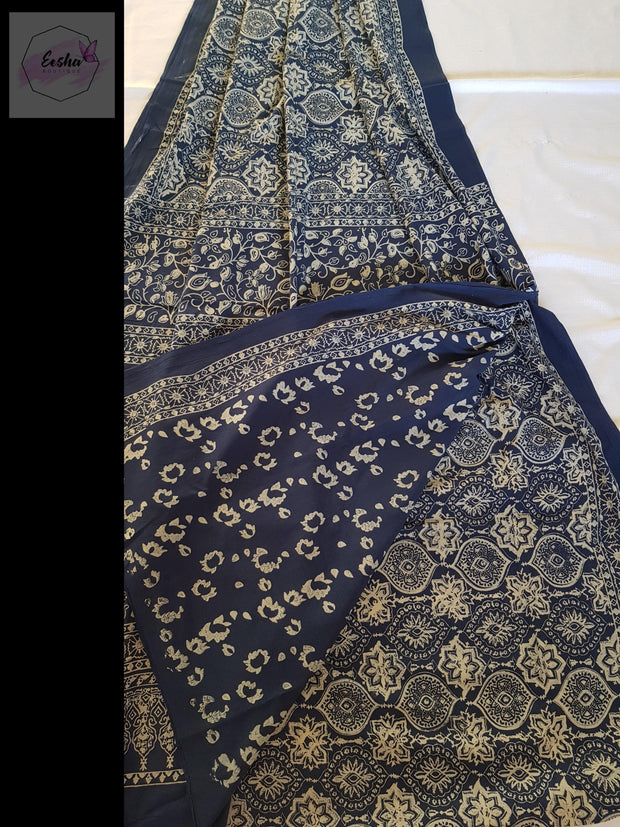 Indigo Pure Cotton Ajrakh Hand Block Print Saree -  by EeshaBoutique - gshop