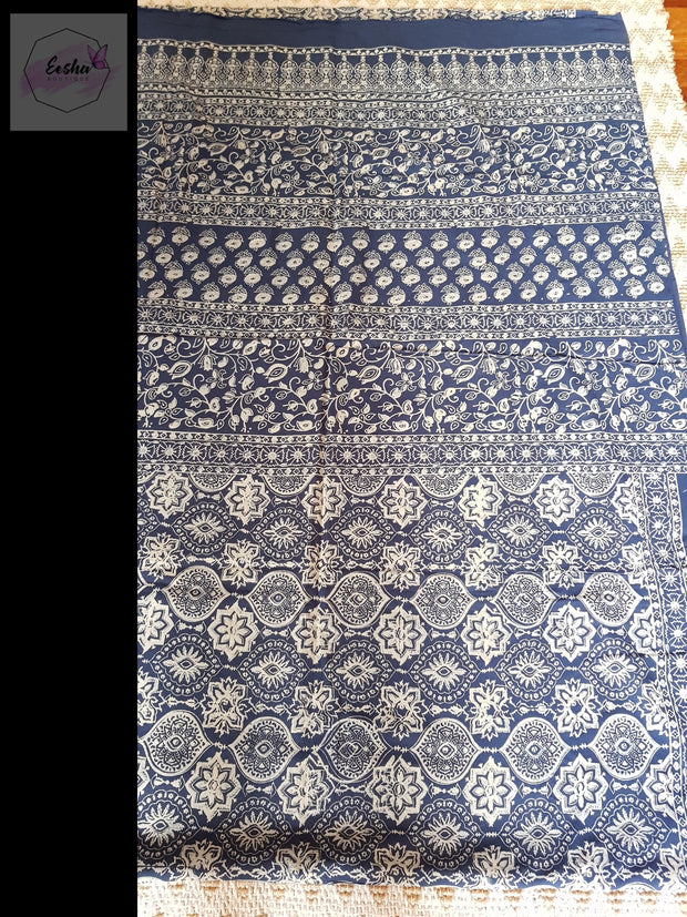 Indigo Pure Cotton Ajrakh Hand Block Print Saree -  by EeshaBoutique - gshop