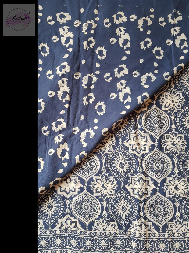 Indigo Pure Cotton Ajrakh Hand Block Print Saree -  by EeshaBoutique - gshop