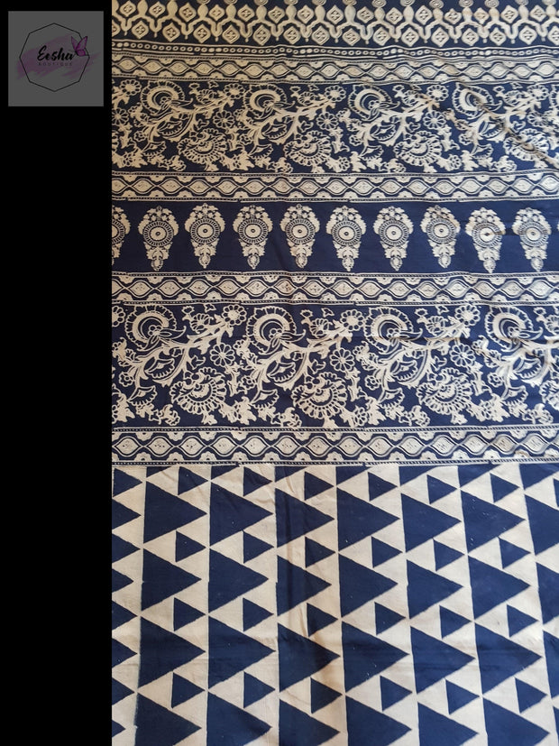 Indigo Pure Cotton Ajrakh Hand Block Print Saree -  by EeshaBoutique - gshop