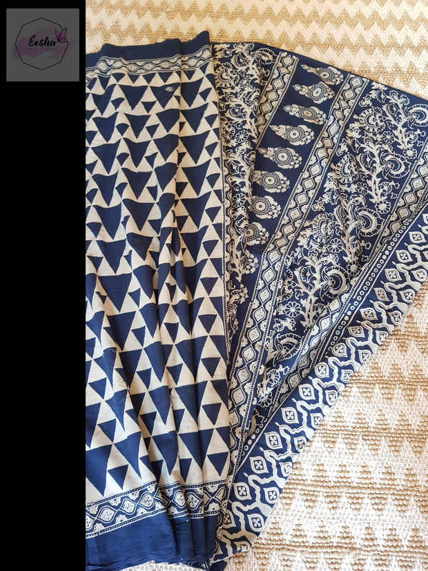 Indigo Pure Cotton Ajrakh Hand Block Print Saree -  by EeshaBoutique - gshop