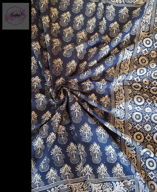 Indigo Pure Cotton Ajrakh Hand Block Print Saree - Flora -  by EeshaBoutique - gshop