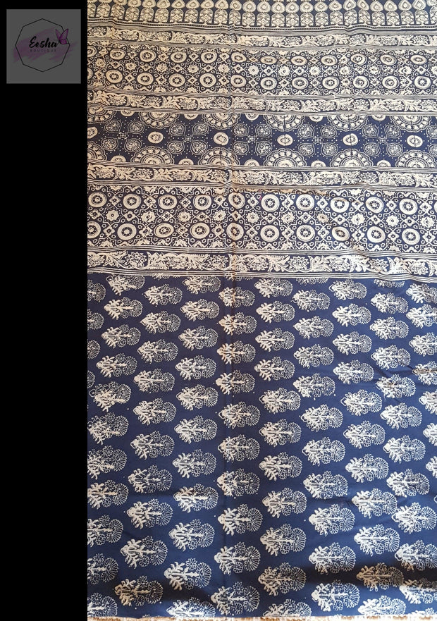 Indigo Pure Cotton Ajrakh Hand Block Print Saree - Flora -  by EeshaBoutique - gshop