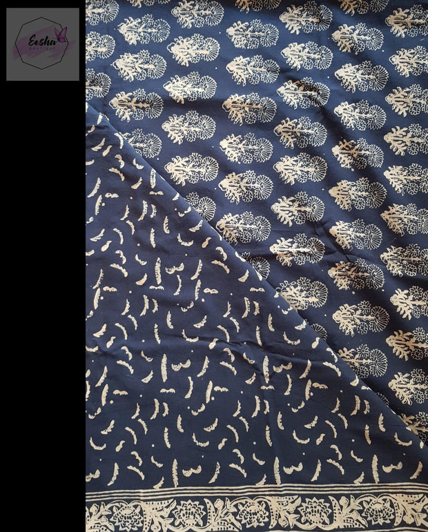 Indigo Pure Cotton Ajrakh Hand Block Print Saree - Flora -  by EeshaBoutique - gshop