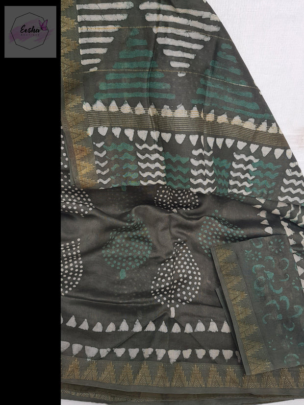 Moss Green Maheshwari Silk Hand Block Print Saree -  by EeshaBoutique - gshop