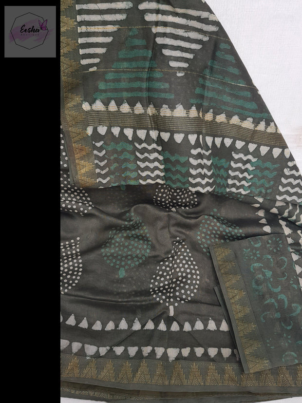 Moss Green Maheshwari Silk Hand Block Print Saree -  by EeshaBoutique - gshop