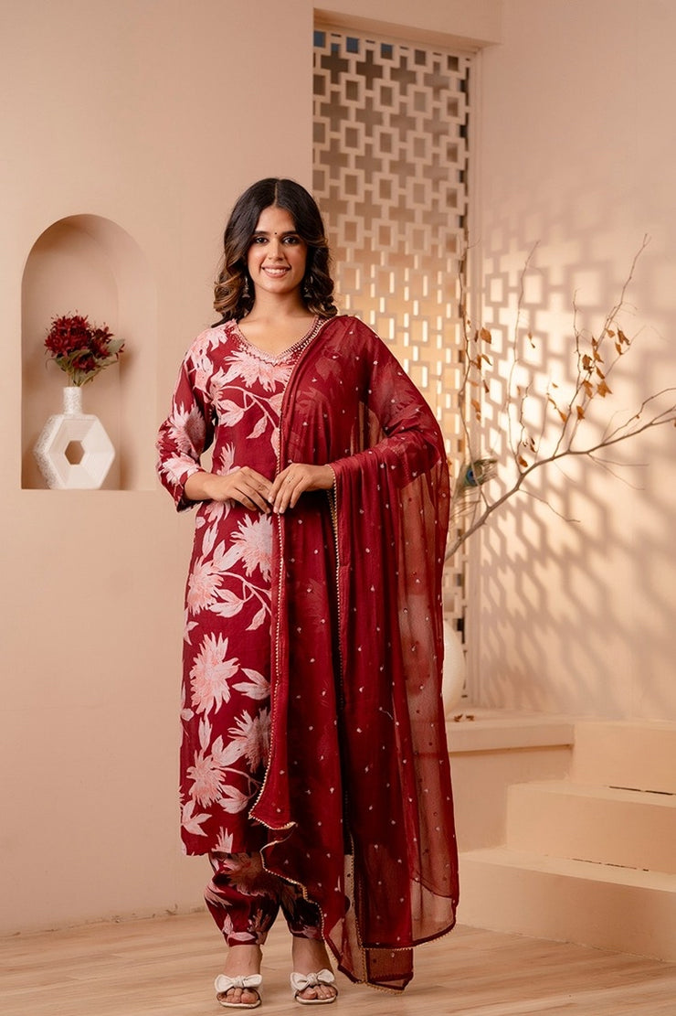 Maroon Silk Floral Kurti with pant and dupatta