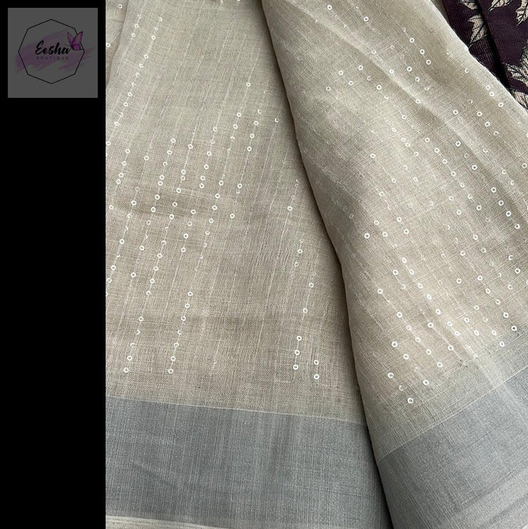 Off White Khadi Linen Sequence Work Saree -  by EeshaBoutique - gshop
