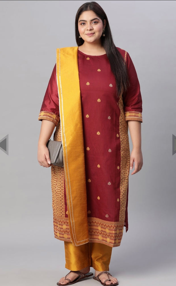 Copper & Mustered Jacquard Woven Design Silk Kurta with Trousers & Dupatta