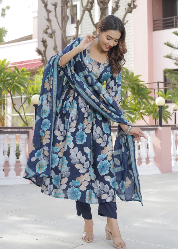 Blue Floral Maslin Silk Anarkali Suit - Set of 3