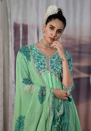 Light Green Cotton Mummul Anarkali Suit - Set of 3