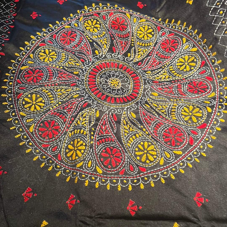 Black Raw Silk Kantha Hand Stitch Saree -  by EeshaBoutique - gshop