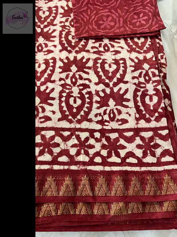 Brick Red Maroon Maheshwari Silk Hand Block Print Saree -  by EeshaBoutique - gshop