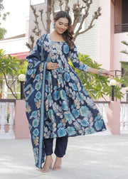 Blue Floral Maslin Silk Anarkali Suit - Set of 3