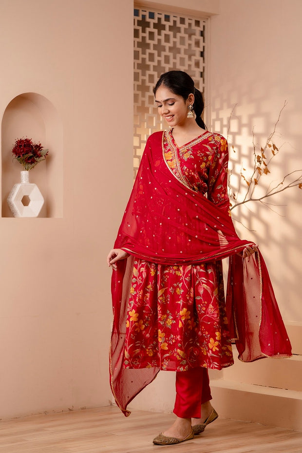 Red Chinon Silk Angarkha Anarkali Suit - Set of 3