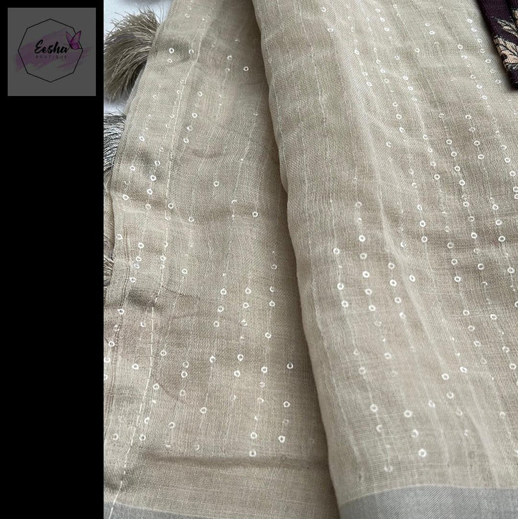 Off White Khadi Linen Sequence Work Saree -  by EeshaBoutique - gshop