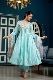 Aqua Blue Aiyla Cut Cotton Mulmul Anarkali With Afghani Pant and Dupatta - Set of 3