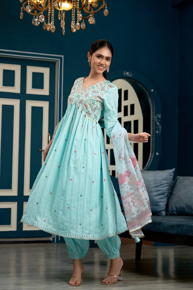 Aqua Blue Aiyla Cut Cotton Mulmul Anarkali With Afghani Pant and Dupatta - Set of 3