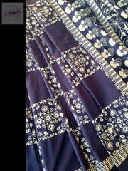Indigo Pure Cotton Ajrakh Hand Block Print Saree - Geomatry