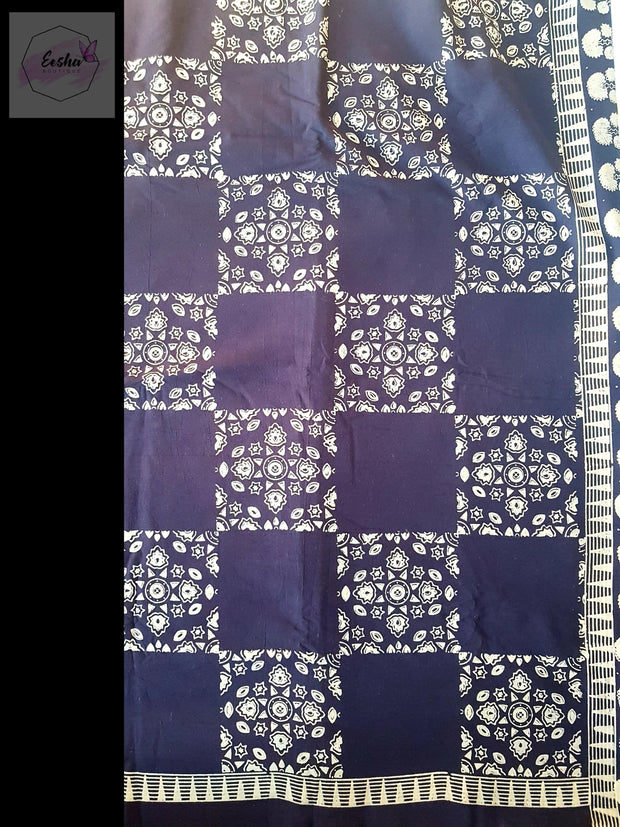 Indigo Pure Cotton Ajrakh Hand Block Print Saree - Geomatry
