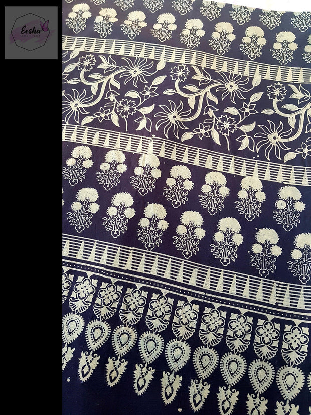 Indigo Pure Cotton Ajrakh Hand Block Print Saree - Geomatry -  by EeshaBoutique - gshop