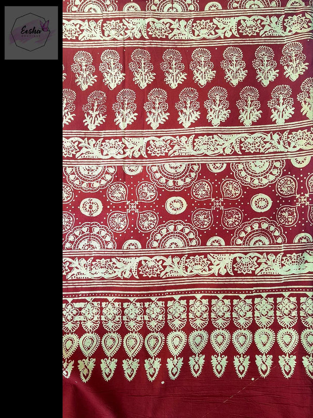 Red Pure Cotton Ajrakh Hand Block Print Saree