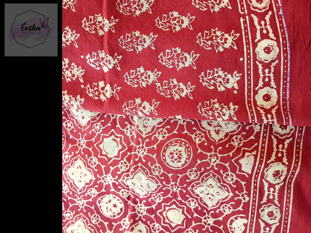 Red Pure Cotton Ajrakh Hand Block Print Saree- Flora -  by EeshaBoutique - gshop