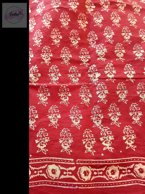 Red Pure Cotton Ajrakh Hand Block Print Saree- Flora -  by EeshaBoutique - gshop