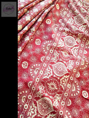 Red Pure Cotton Ajrakh Hand Block Print Saree- Flora