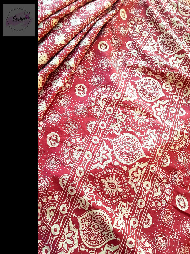 Red Pure Cotton Ajrakh Hand Block Print Saree- Flora -  by EeshaBoutique - gshop