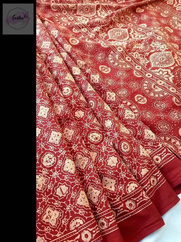 Red Pure Cotton Ajrakh Hand Block Print Saree- Flora -  by EeshaBoutique - gshop