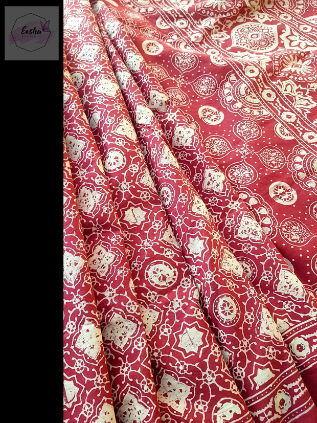 Red Pure Cotton Ajrakh Hand Block Print Saree- Flora