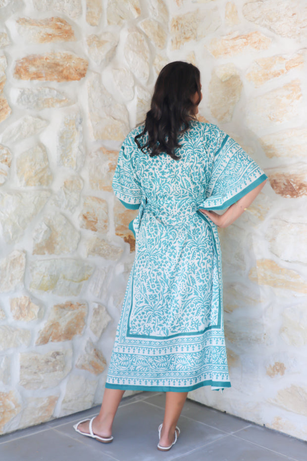 Aqua - Hand Block Print Long Kaftan