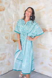 Aqua - Hand Block Print Long Kaftan