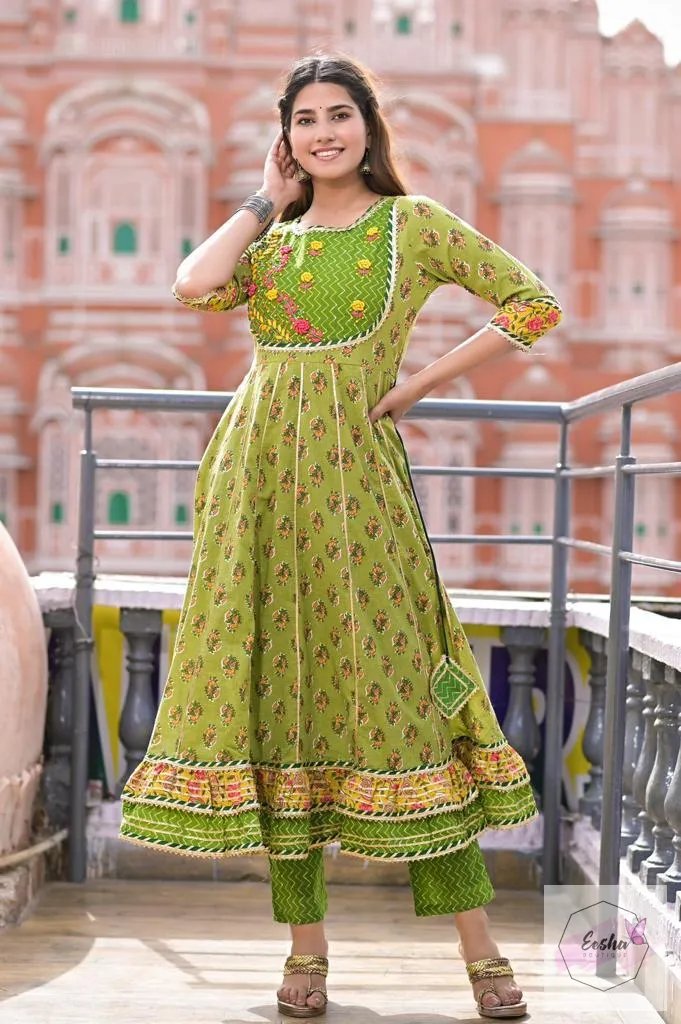 Light Green Pure Cotton Mulmul Anarkali Suit - Set of 3