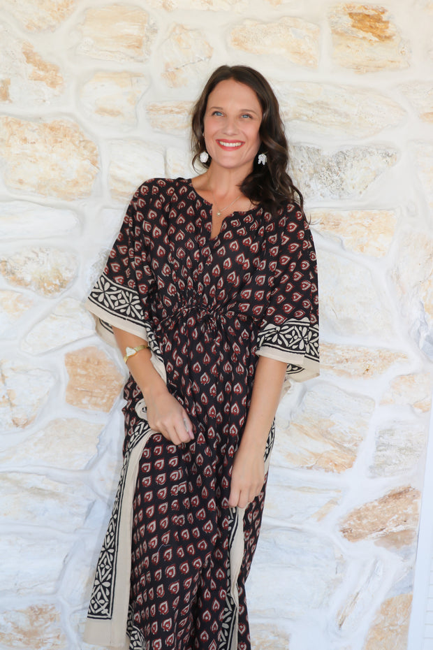 Black Butti Hand Block Print Long Kaftan