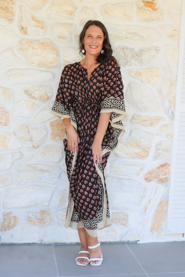 Black Butti Hand Block Print Long Kaftan