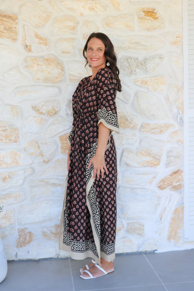 Black Butti Hand Block Print Long Kaftan